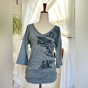 PRIMEVIL Gray INSANE Graphics Studded V-Neck Women’s Top. XS/S